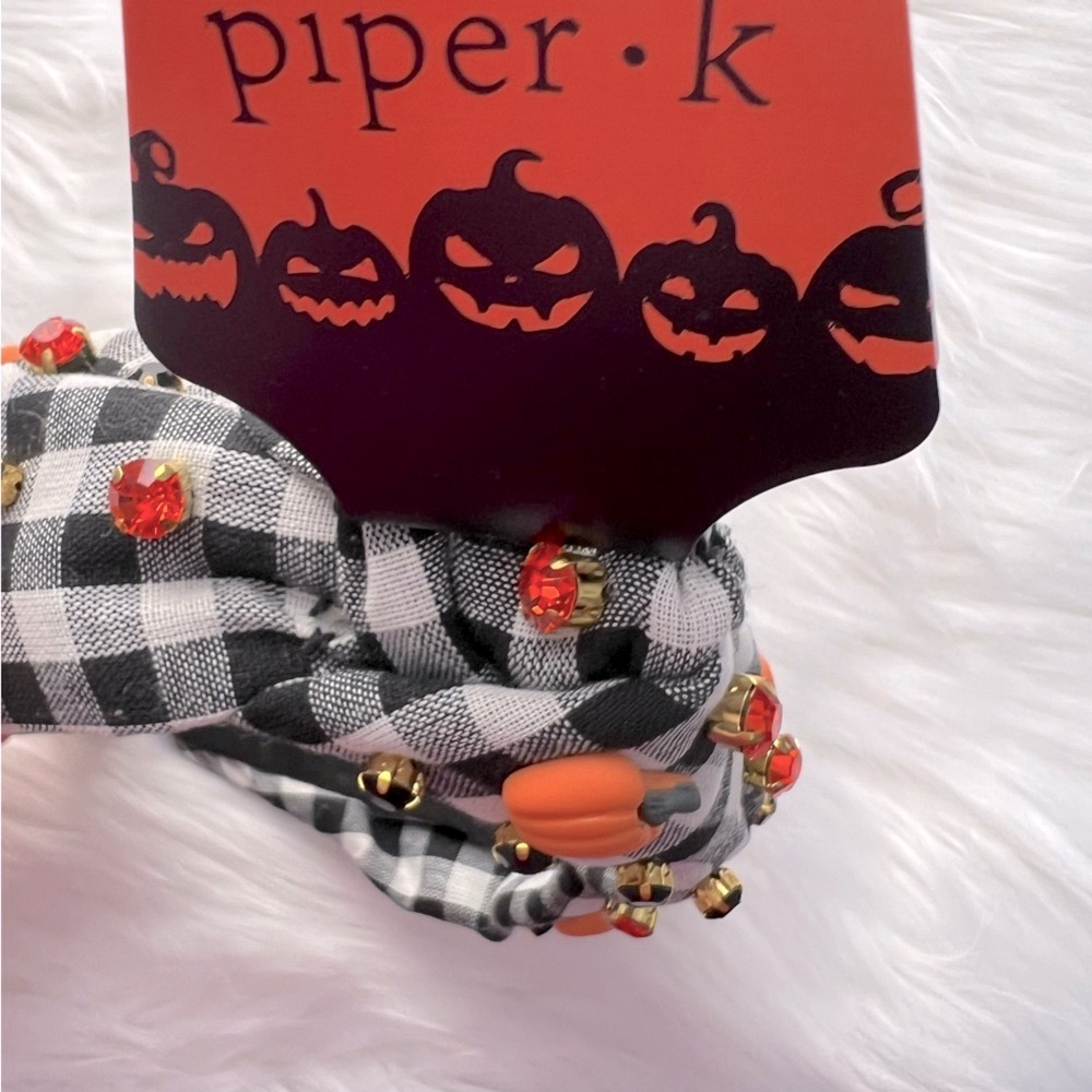 Piper K Checkered Gingham Pumpkin & Rhinestone Headband - NWT - Picture 4 of 6